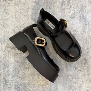 Steve Madden Maritza Black Platform Shoes with Gold Buckle